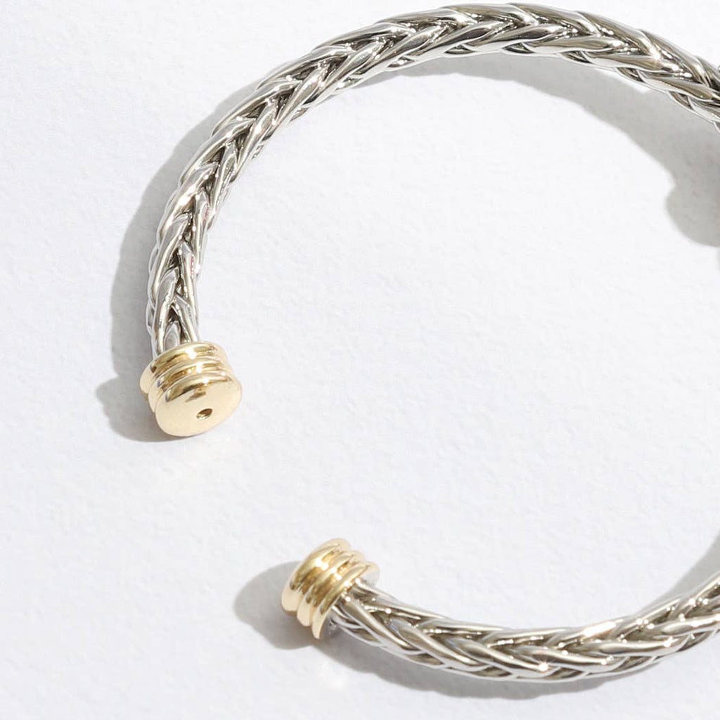 Two Heart Pave CZ Braided Bangle Bracelet