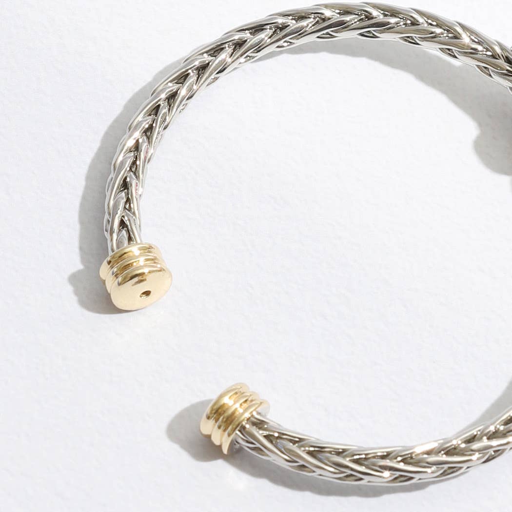 Two Heart Pave CZ Braided Bangle Bracelet