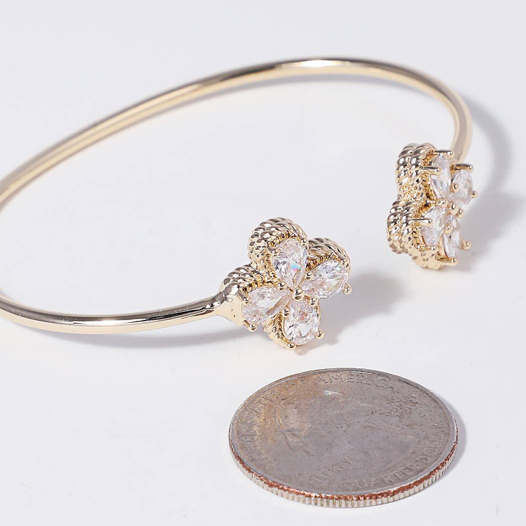 CZ 4-Leaf Clover Edge Solid Cuff Bangle Bracelet
