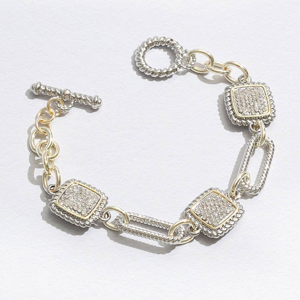 Mixes Chain and CZ Square Charms Toggle Bracelet