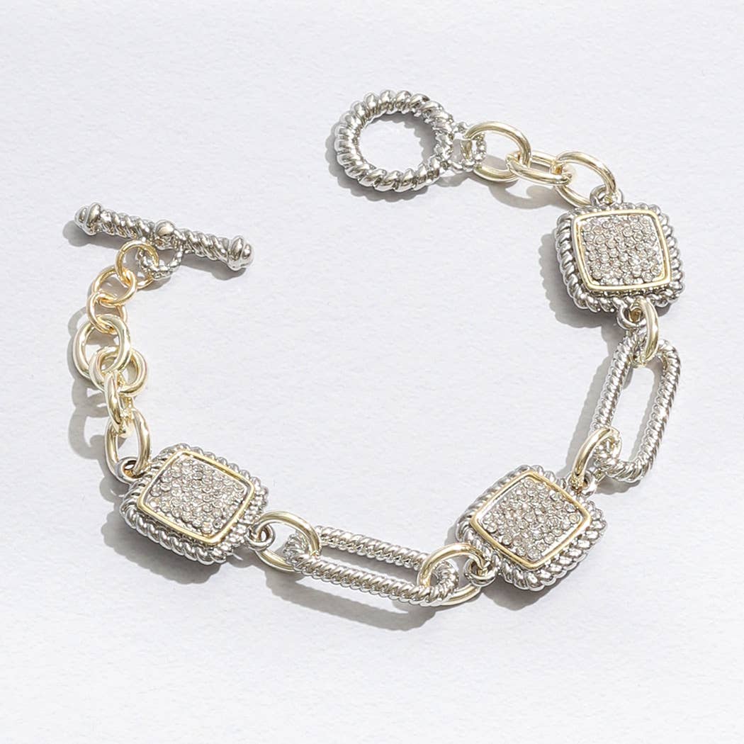 Mixes Chain and CZ Square Charms Toggle Bracelet