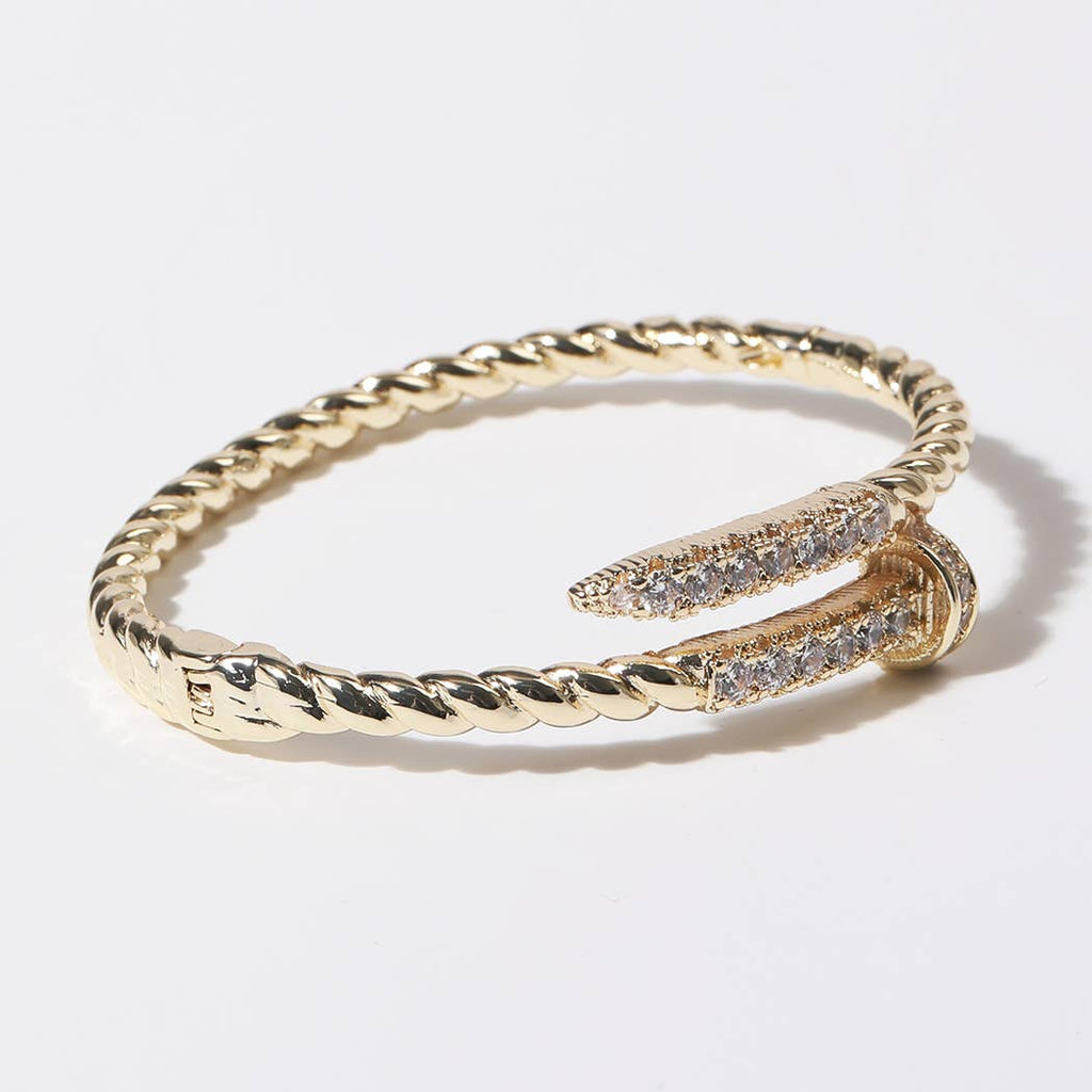 CZ Pave Edge Twisted Gold Plated Bangle Bracelet