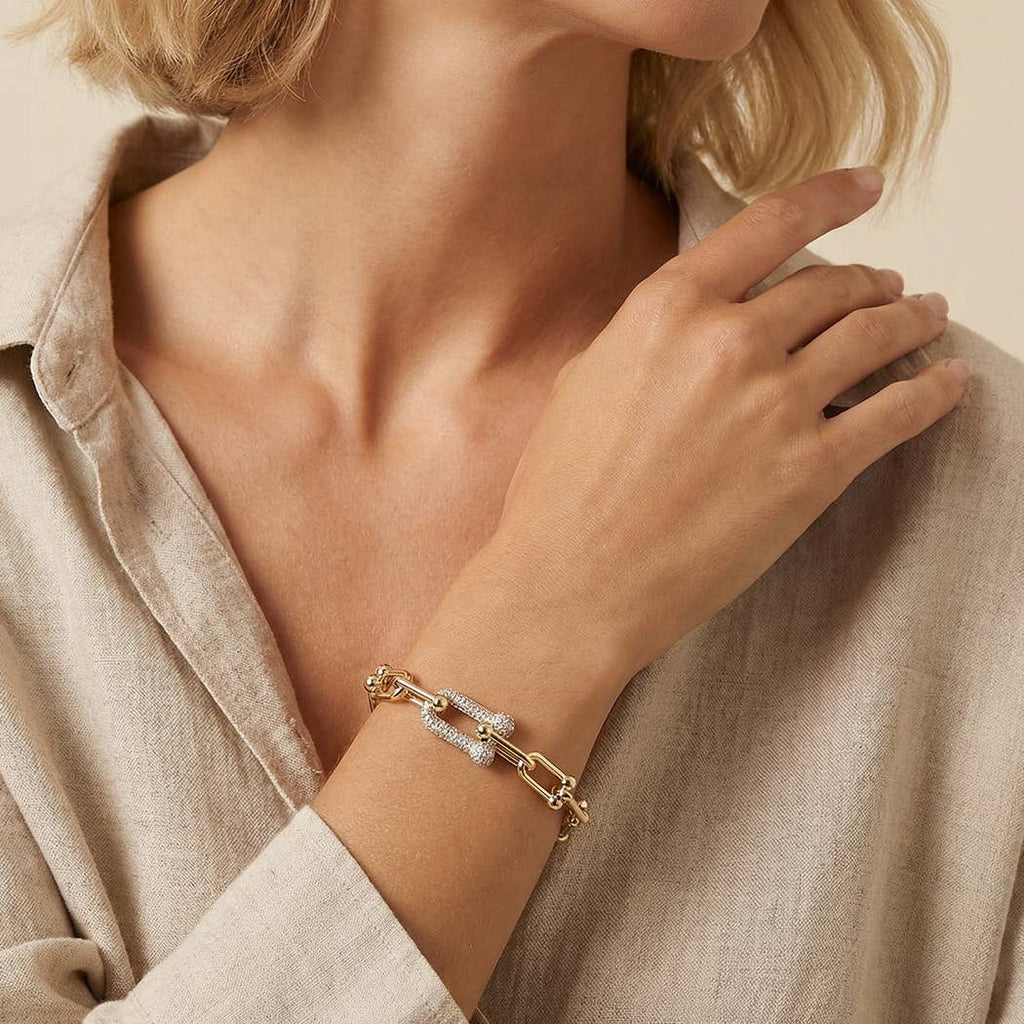 Two Tone Hardware Style CZ Pave Link Bracelet