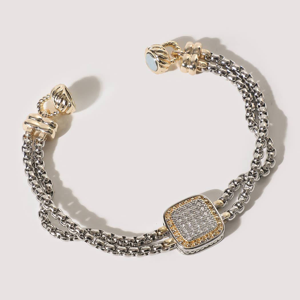 Two-Tone Box Chain Square CZ Pave Magnetic Bracelet