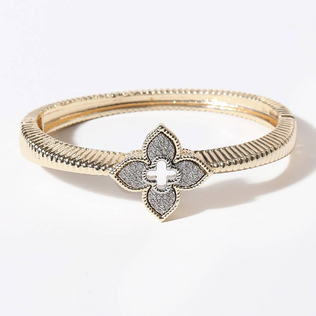 CZ Four Leaf Clover Gold Plated Bangle Bracelet