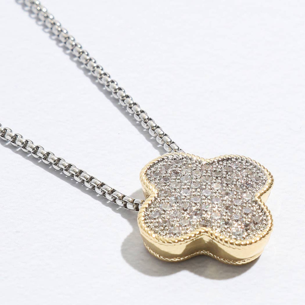 Gold Tone Outline CZ Clover Pendant Necklace