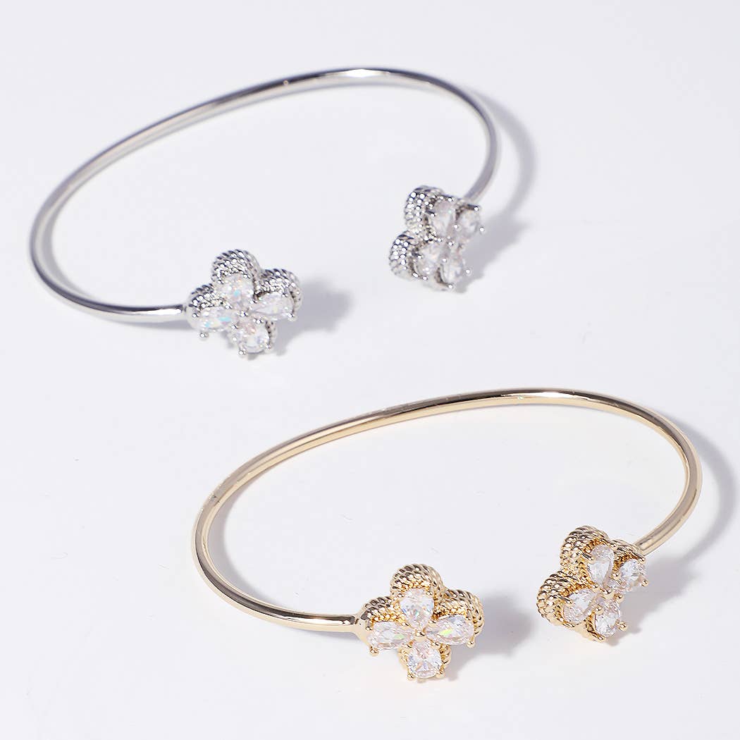 CZ 4-Leaf Clover Edge Solid Cuff Bangle Bracelet