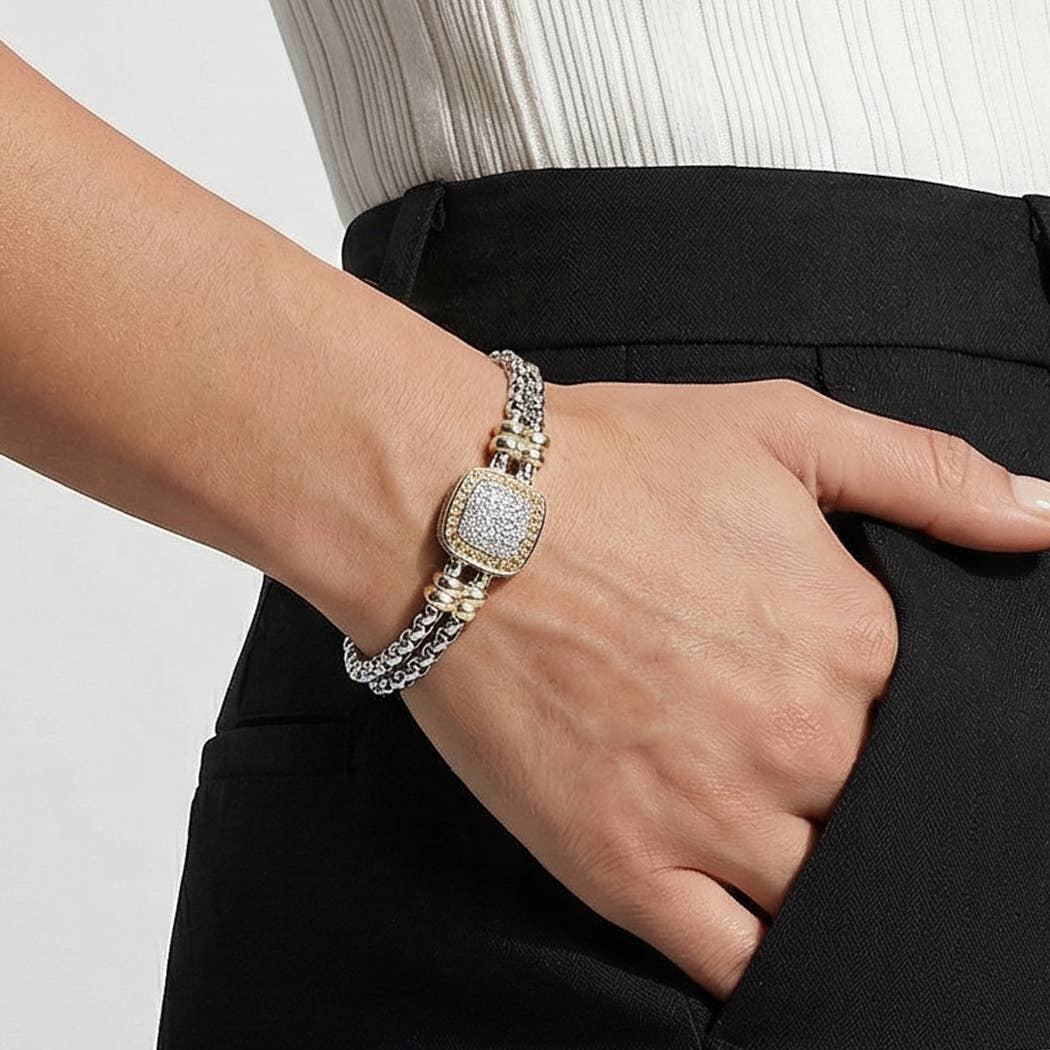 Two-Tone Box Chain Square CZ Pave Magnetic Bracelet