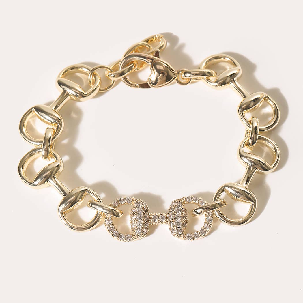 Gold Horsebit CZ Pave Link Bracelet