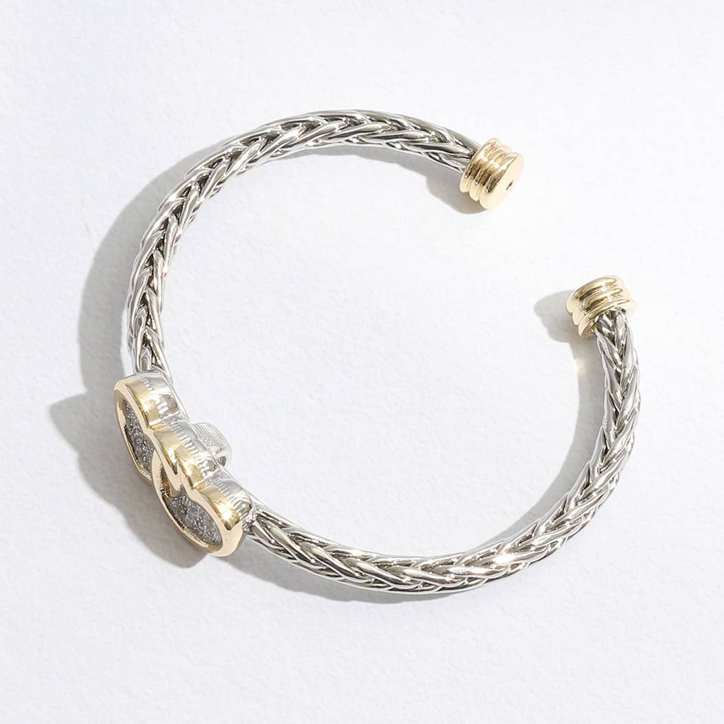 Two Heart Pave CZ Braided Bangle Bracelet
