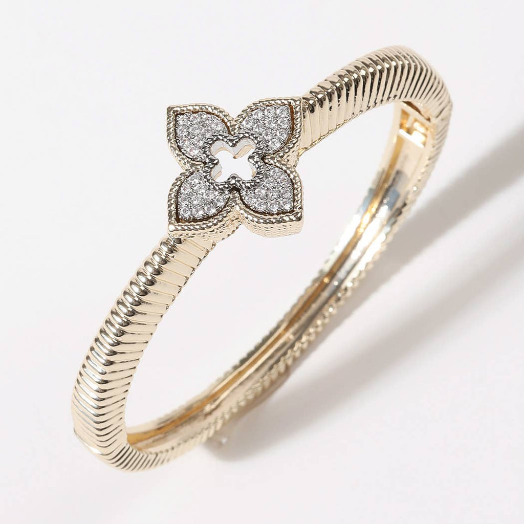 CZ Four Leaf Clover Gold Plated Bangle Bracelet