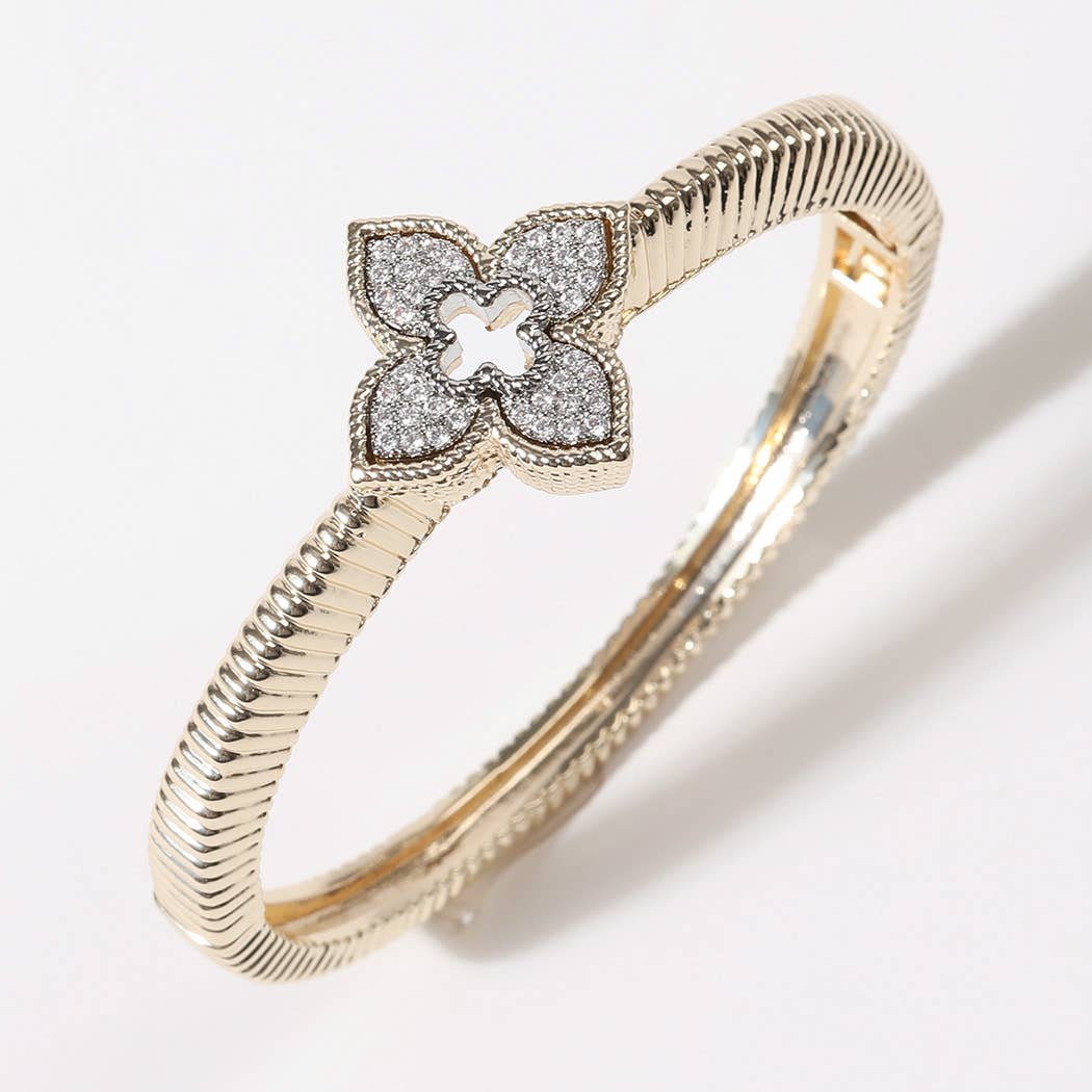 CZ Four Leaf Clover Gold Plated Bangle Bracelet