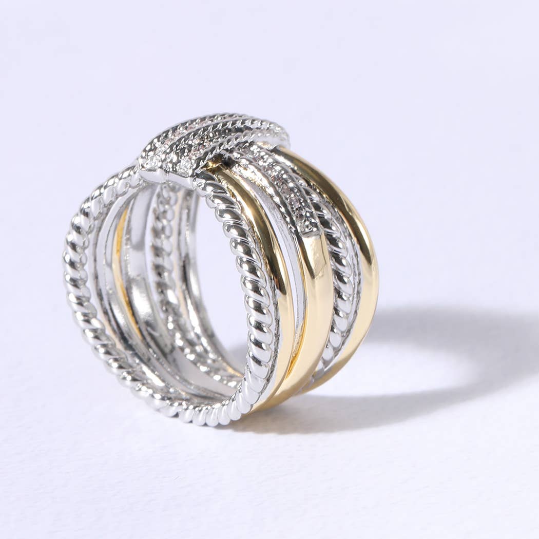 Crossover Wide Silver Gold CZ Stones Ring