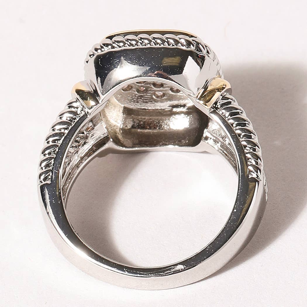 CZ Stone Micro Paved Two-Tone Square Ring