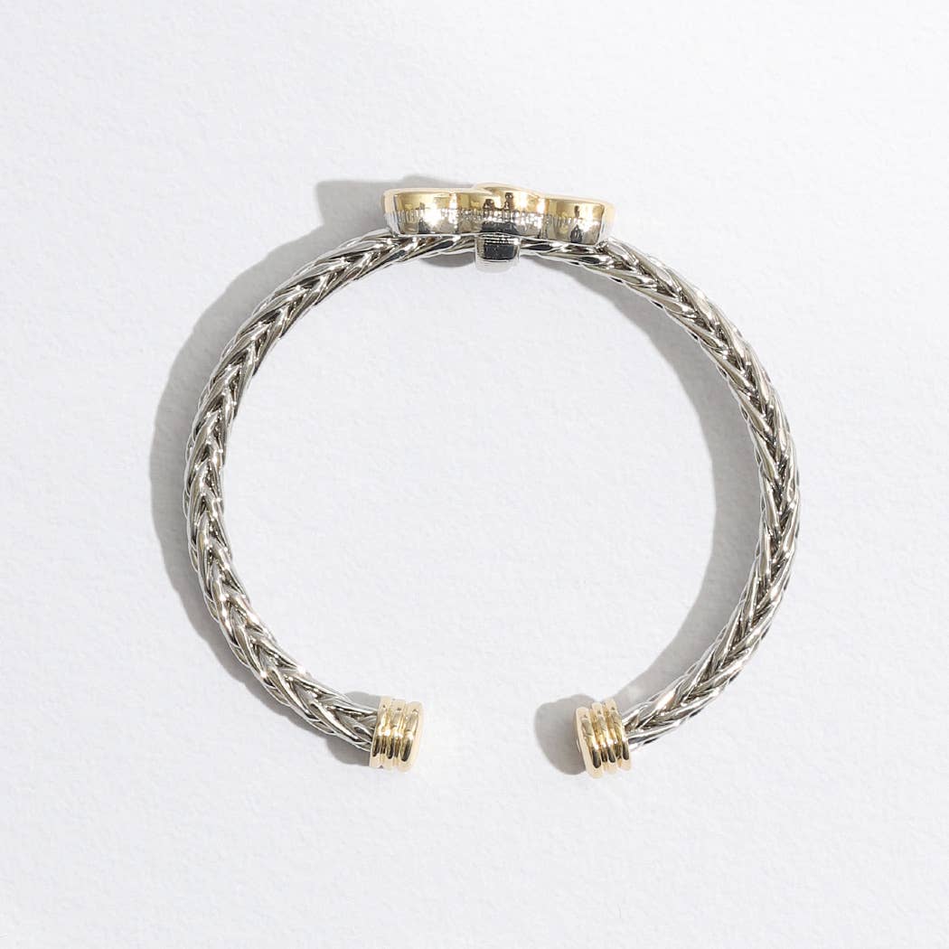 Two Heart Pave CZ Braided Bangle Bracelet