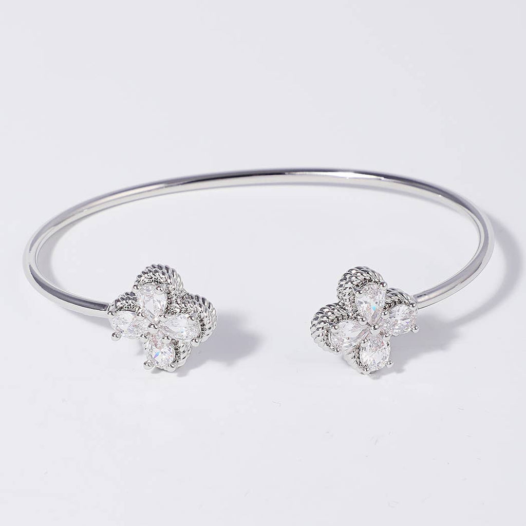 CZ 4-Leaf Clover Edge Solid Cuff Bangle Bracelet