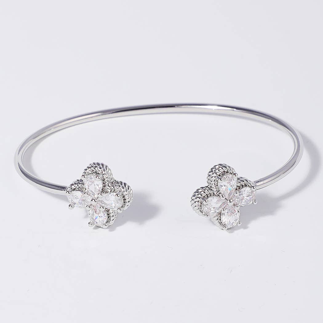 CZ 4-Leaf Clover Edge Solid Cuff Bangle Bracelet