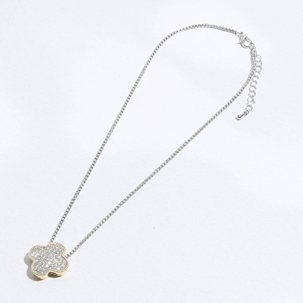 Gold Tone Outline CZ Clover Pendant Necklace