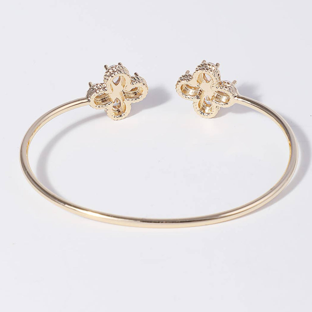 CZ 4-Leaf Clover Edge Solid Cuff Bangle Bracelet