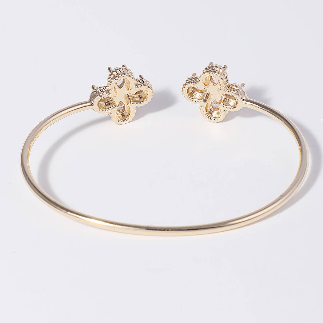 CZ 4-Leaf Clover Edge Solid Cuff Bangle Bracelet