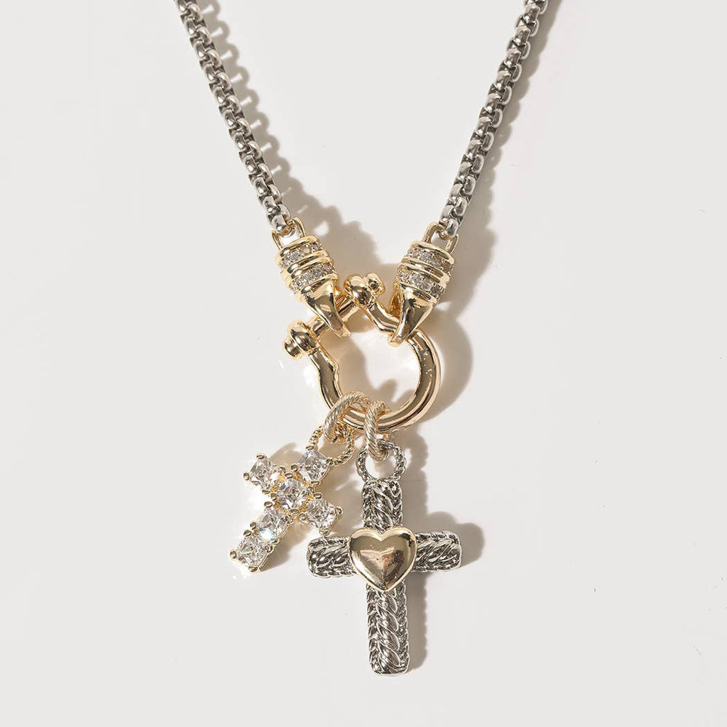 Double Cross CZ Pave Two-Tone Necklace