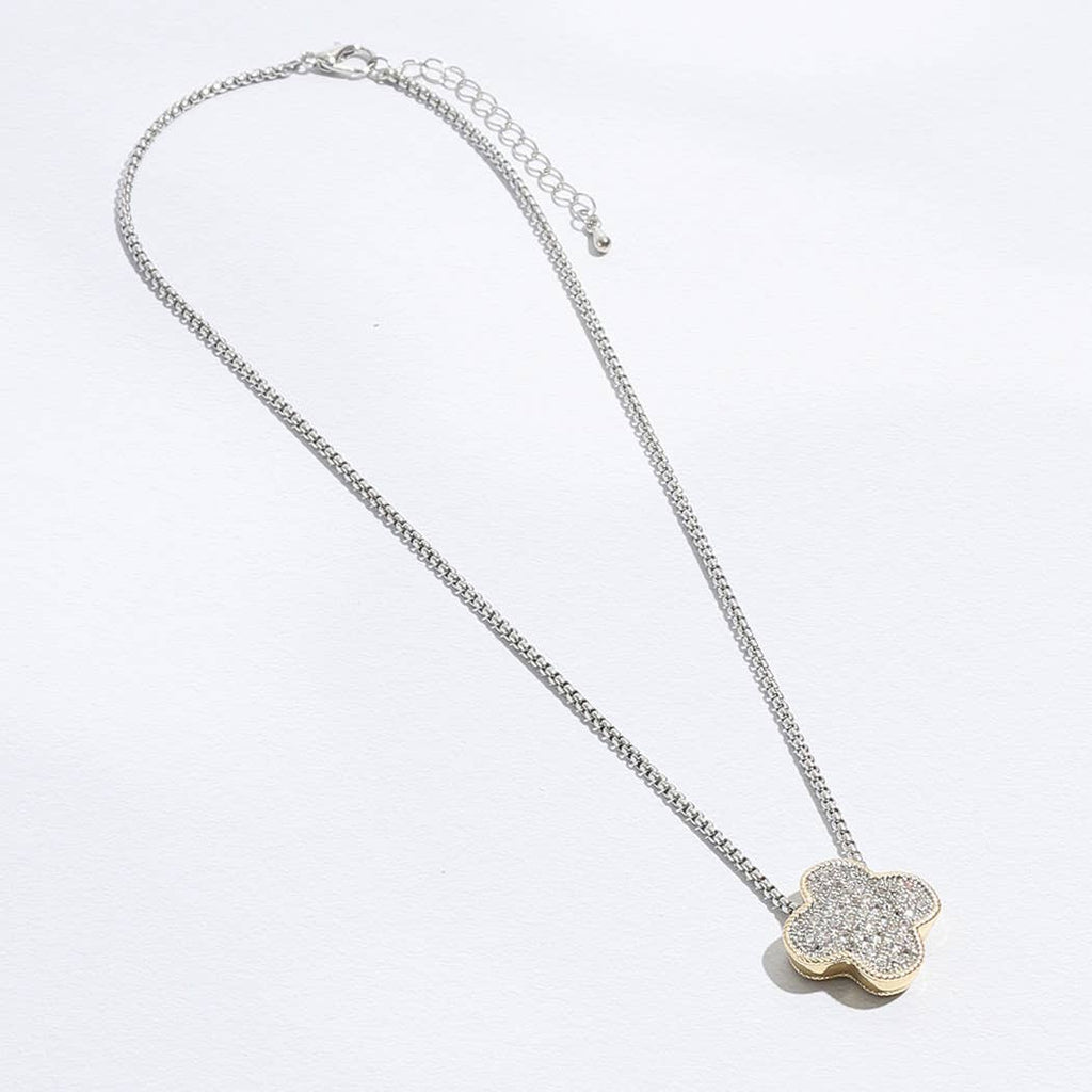 Gold Tone Outline CZ Clover Pendant Necklace