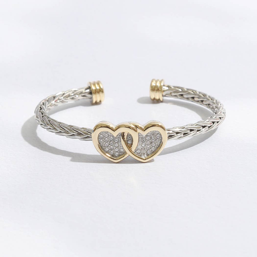 Two Heart Pave CZ Braided Bangle Bracelet