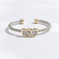 Two Heart Pave CZ Braided Bangle Bracelet