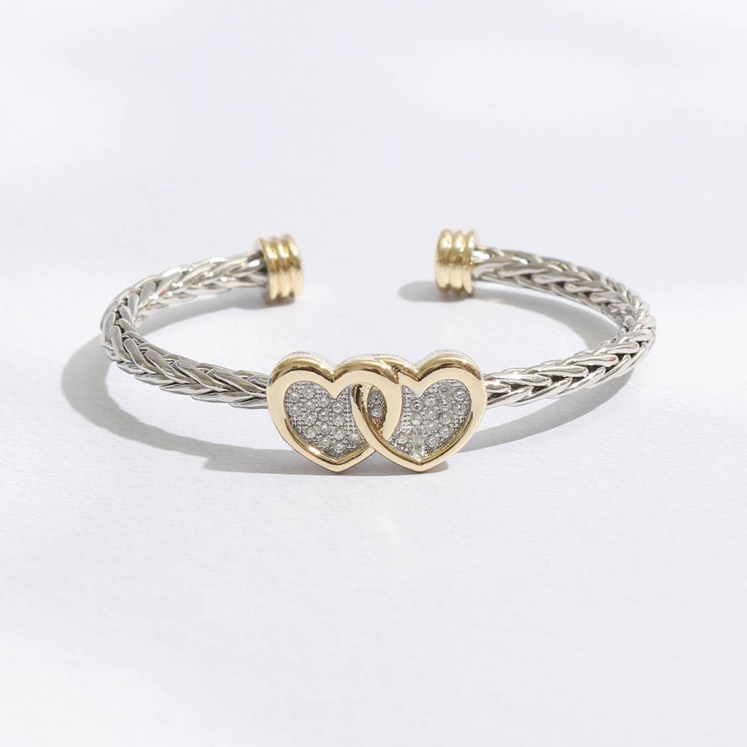 Two Heart Pave CZ Braided Bangle Bracelet
