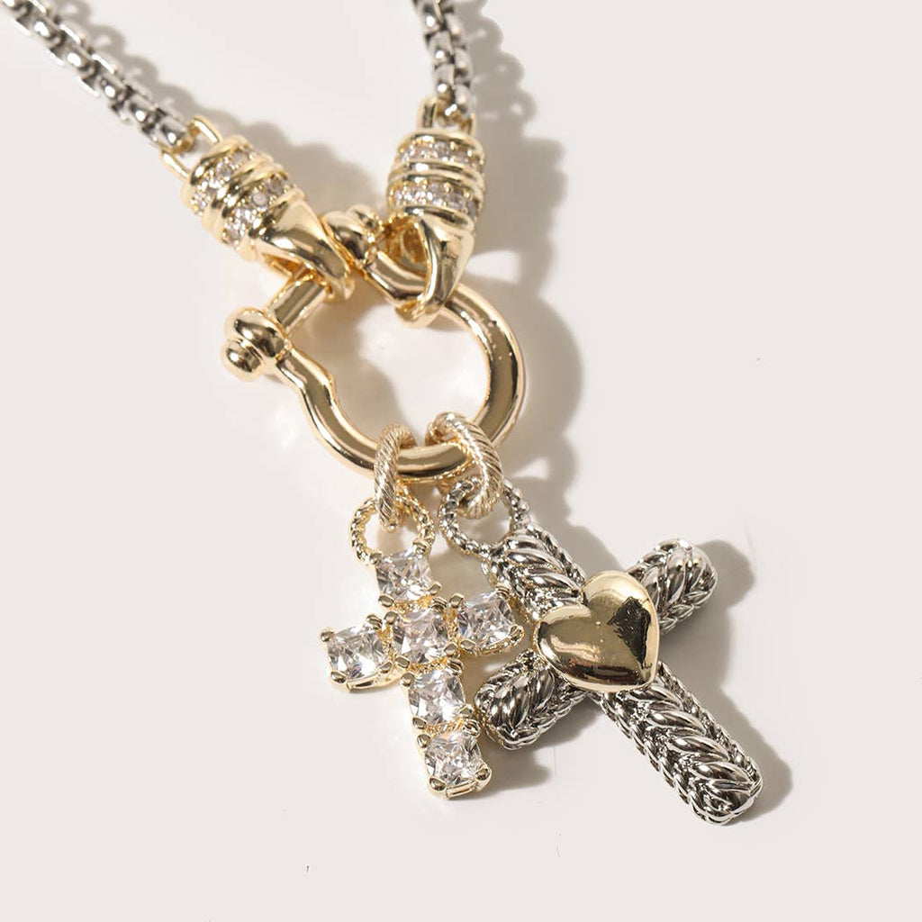 Double Cross CZ Pave Two-Tone Necklace