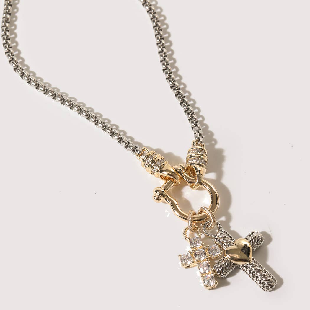 Double Cross CZ Pave Two-Tone Necklace