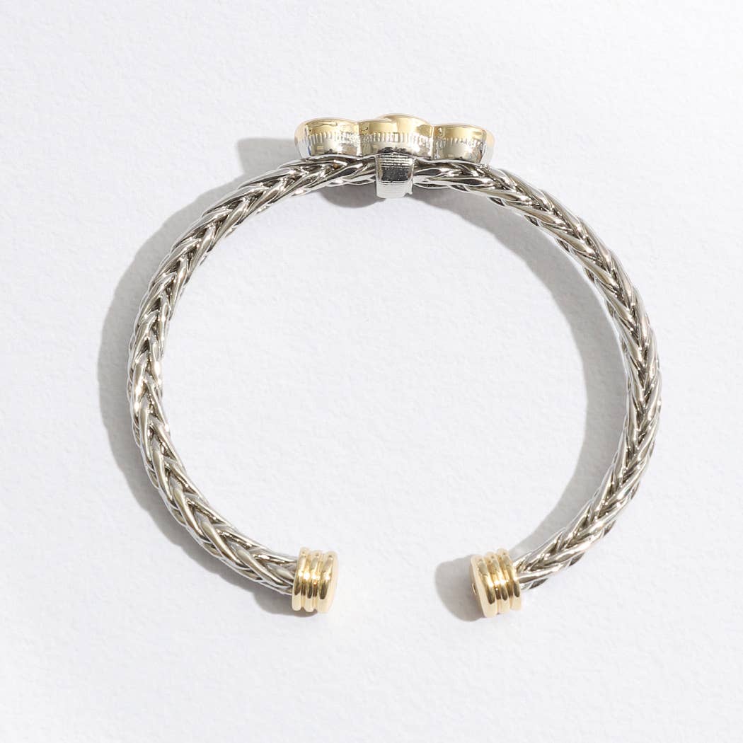 Two Heart Pave CZ Braided Bangle Bracelet