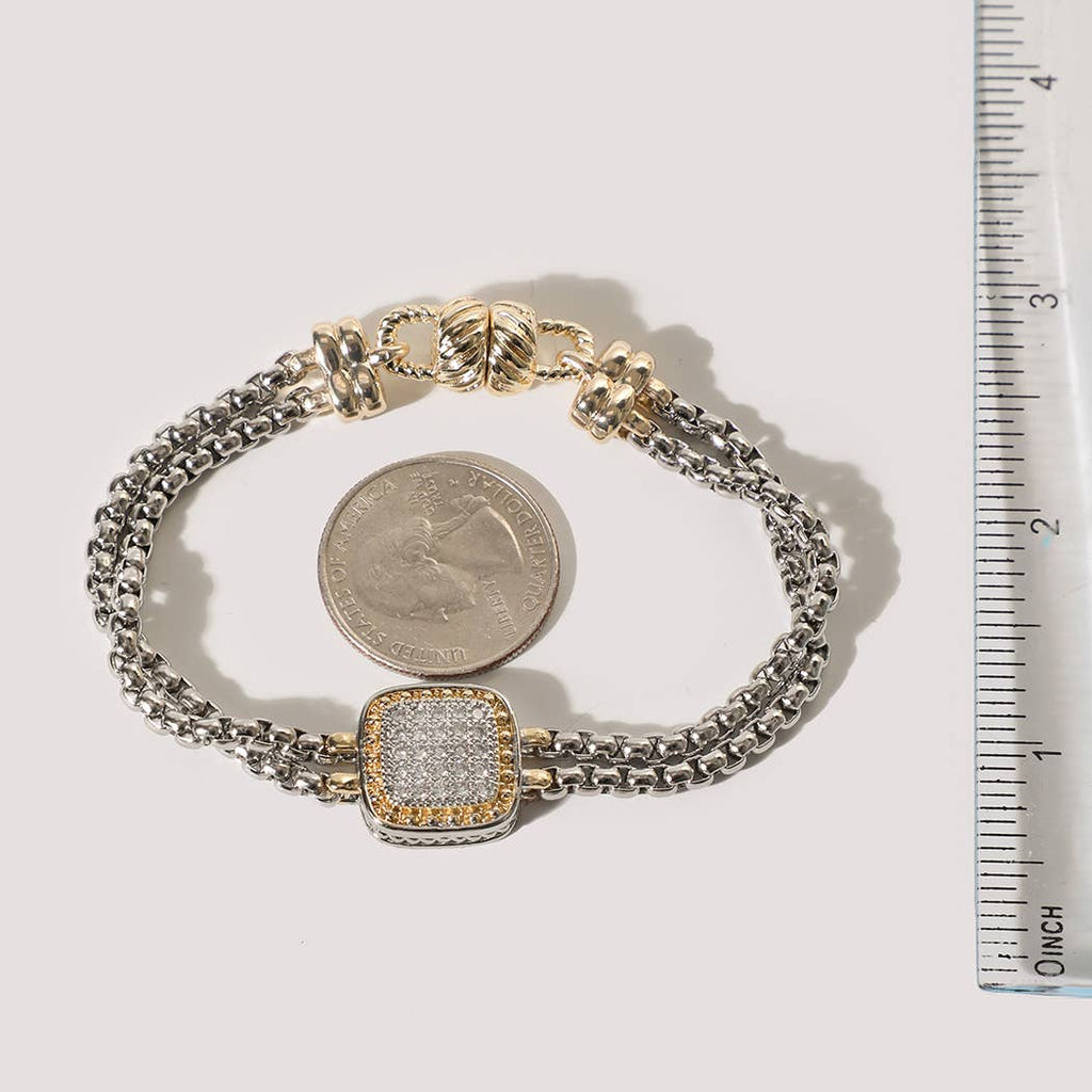 Two-Tone Box Chain Square CZ Pave Magnetic Bracelet