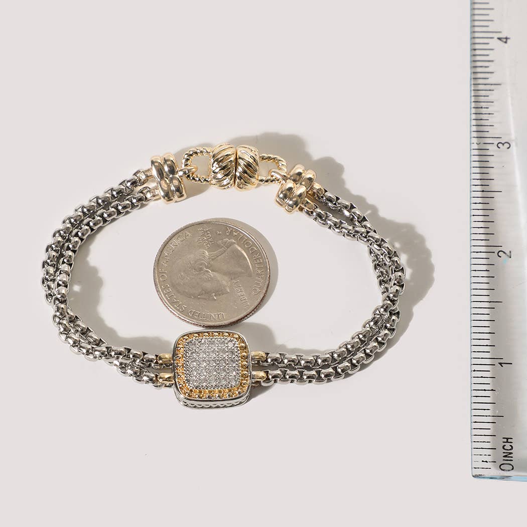 Two-Tone Box Chain Square CZ Pave Magnetic Bracelet