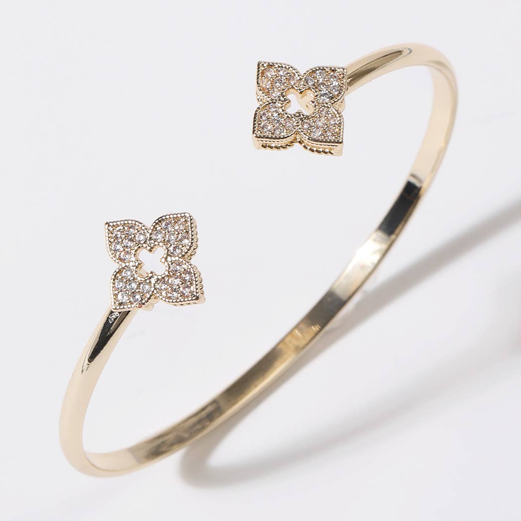 CZ Four Leaf Clover Gold Plated Cuff Bangle