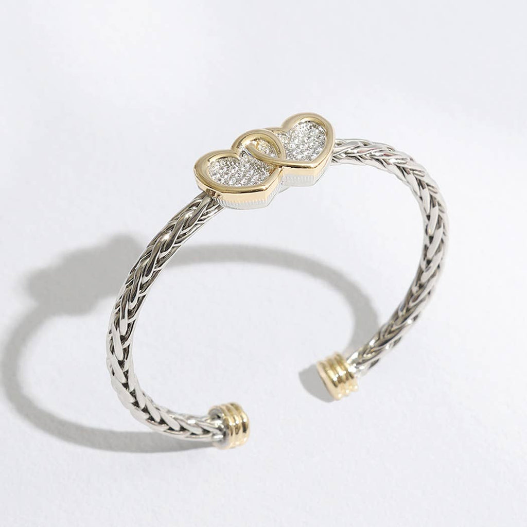 Two Heart Pave CZ Braided Bangle Bracelet