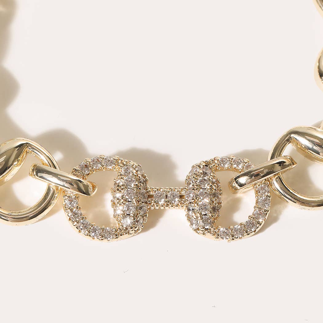 Gold Horsebit CZ Pave Link Bracelet