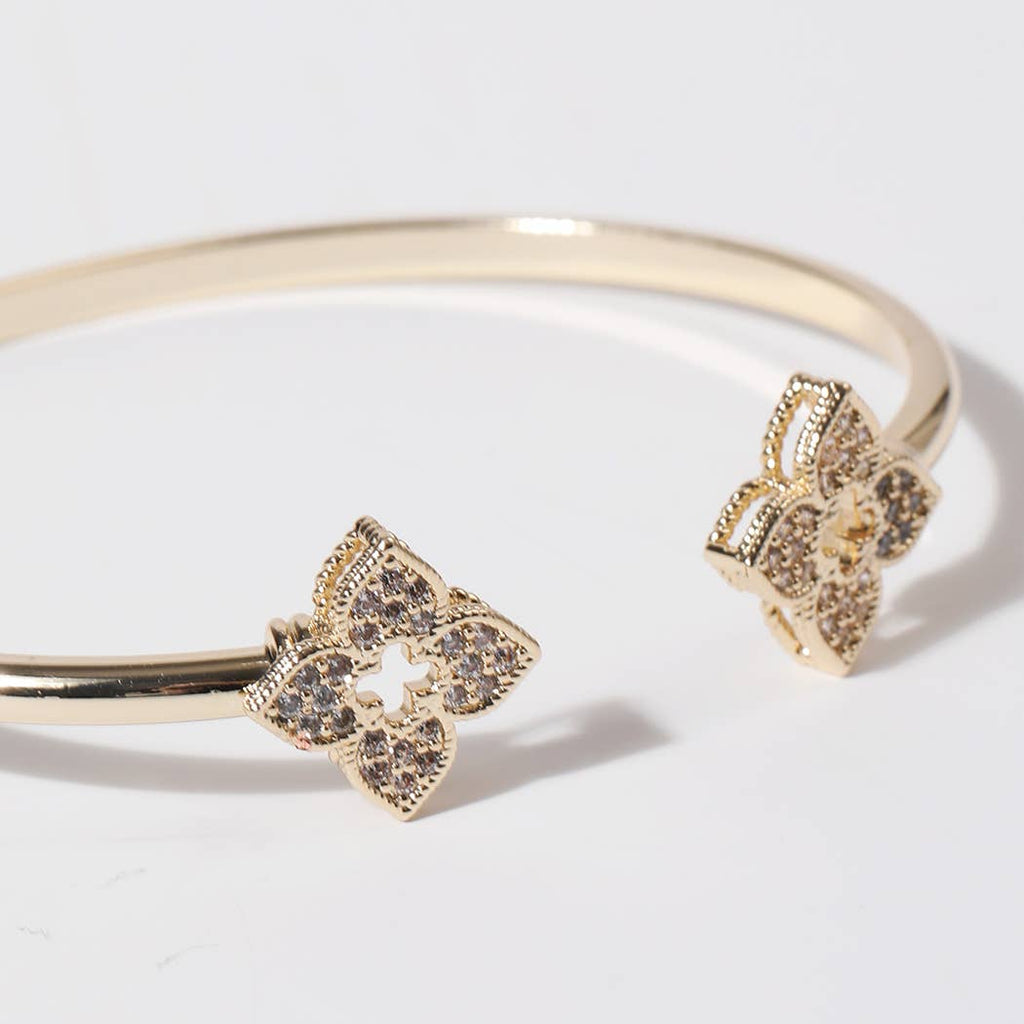 CZ Four Leaf Clover Gold Plated Cuff Bangle