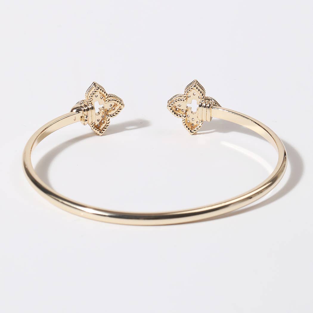 CZ Four Leaf Clover Gold Plated Cuff Bangle