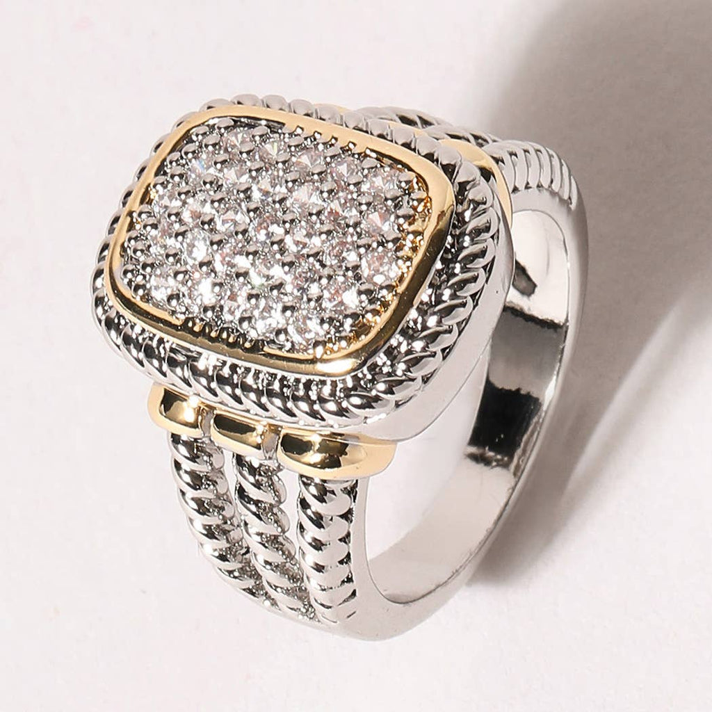 CZ Stone Micro Paved Two-Tone Square Ring