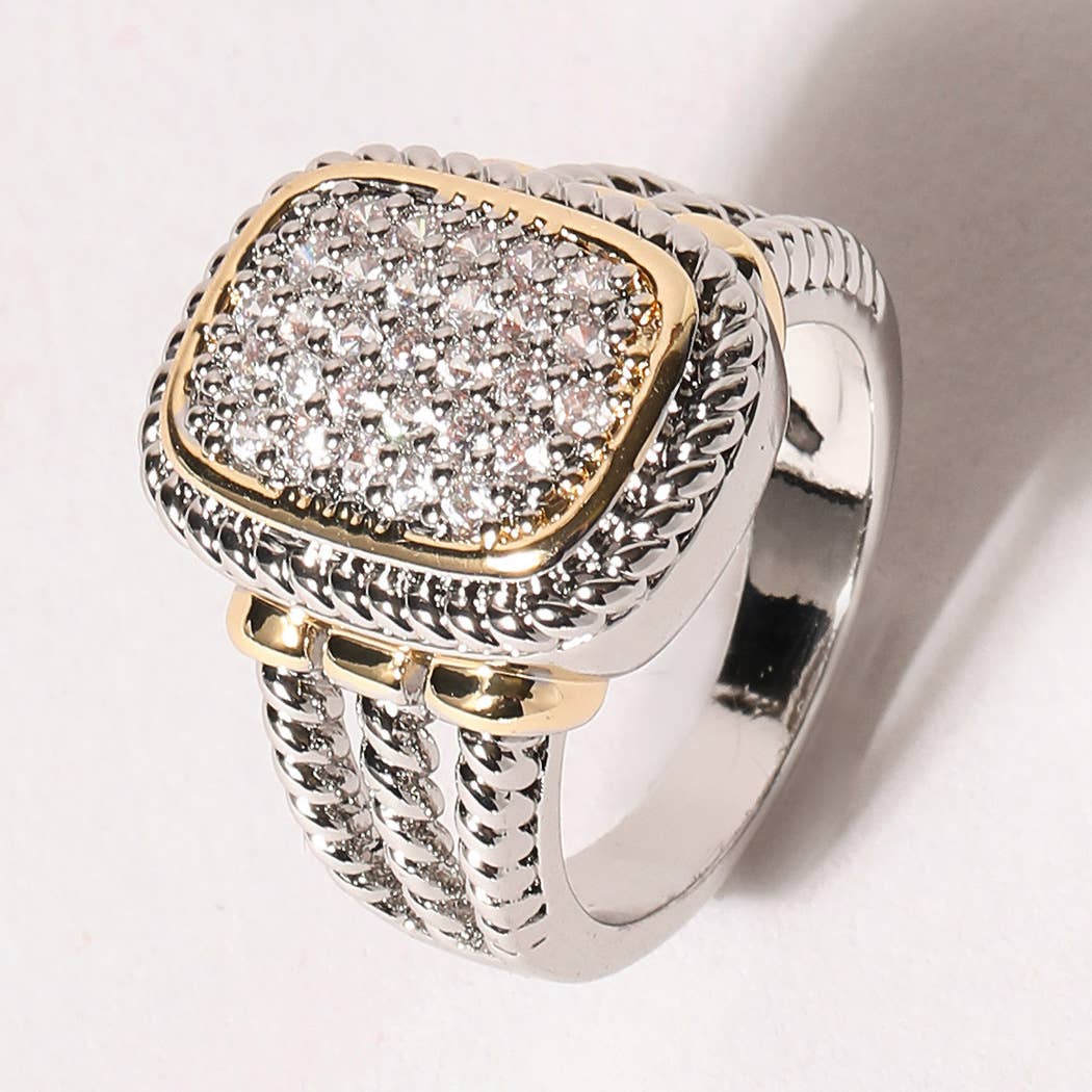 CZ Stone Micro Paved Two-Tone Square Ring