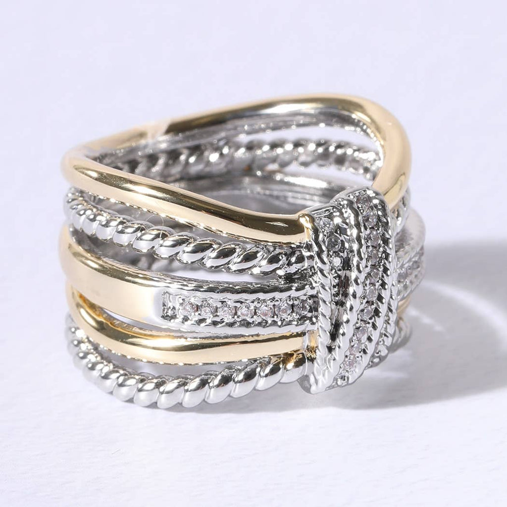 Crossover Wide Silver Gold CZ Stones Ring