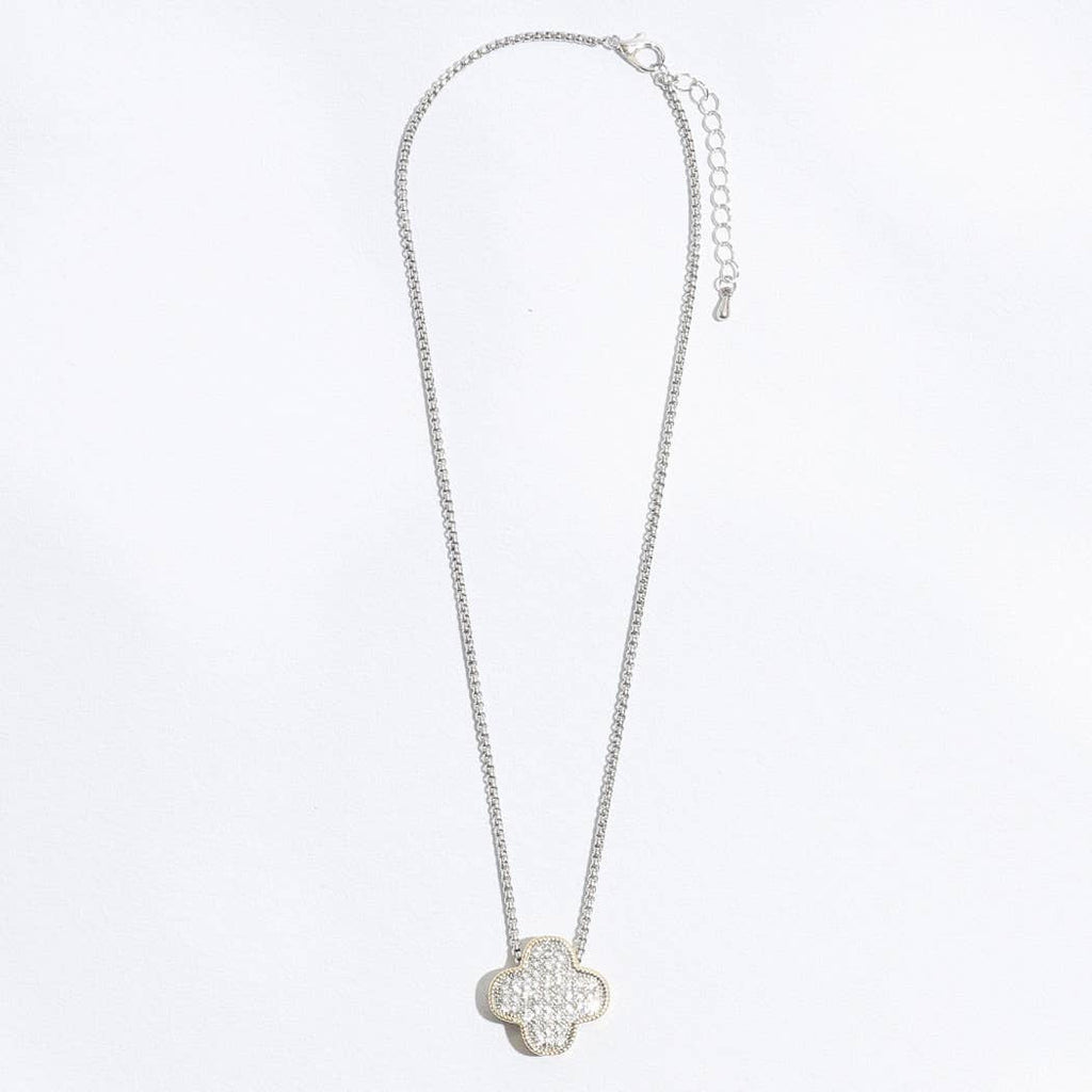 Gold Tone Outline CZ Clover Pendant Necklace