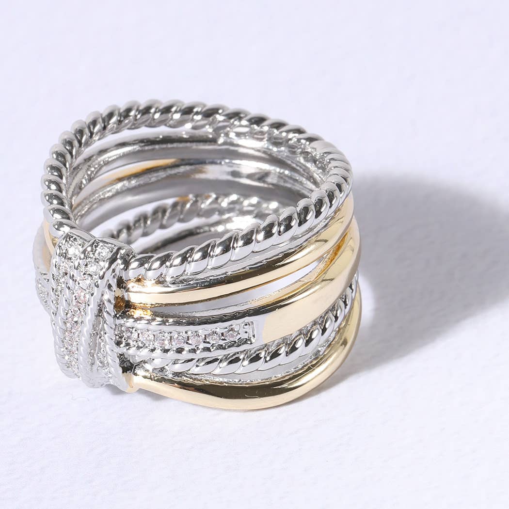 Crossover Wide Silver Gold CZ Stones Ring