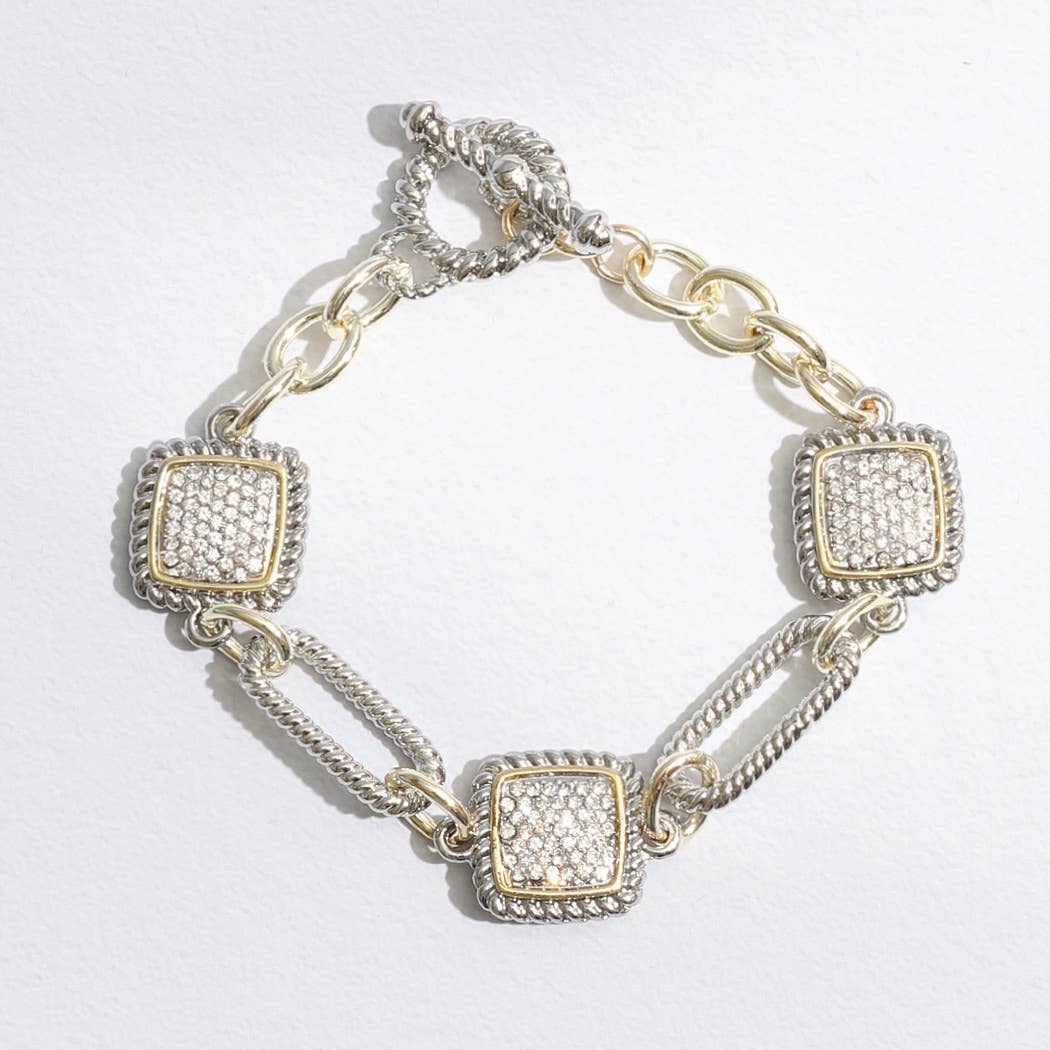 Mixes Chain and CZ Square Charms Toggle Bracelet