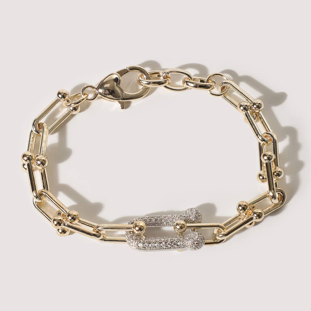 Two Tone Hardware Style CZ Pave Link Bracelet