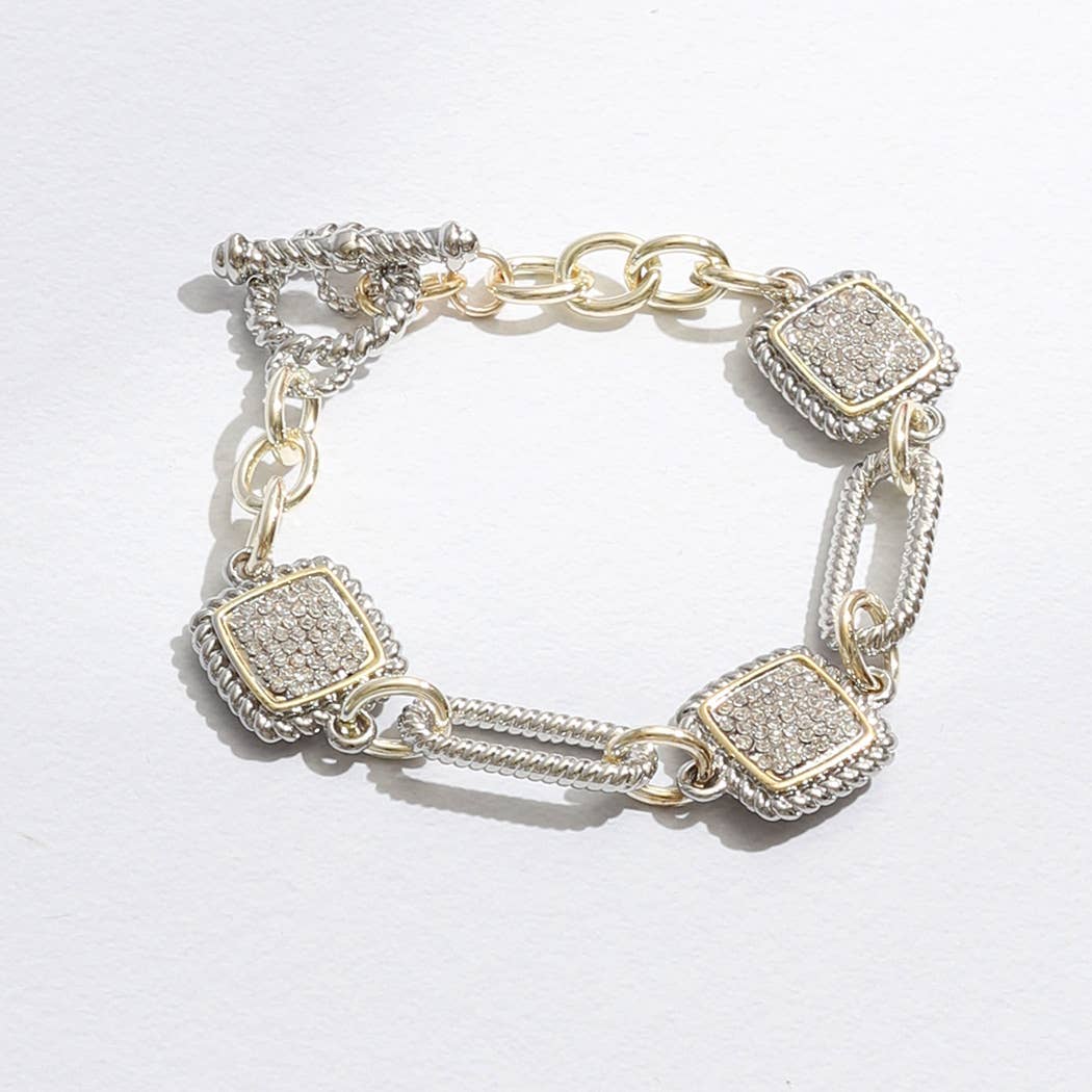 Mixes Chain and CZ Square Charms Toggle Bracelet
