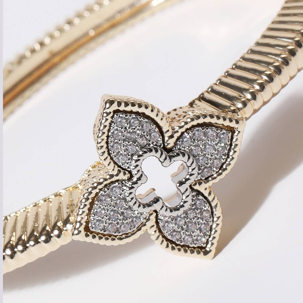 CZ Four Leaf Clover Gold Plated Bangle Bracelet