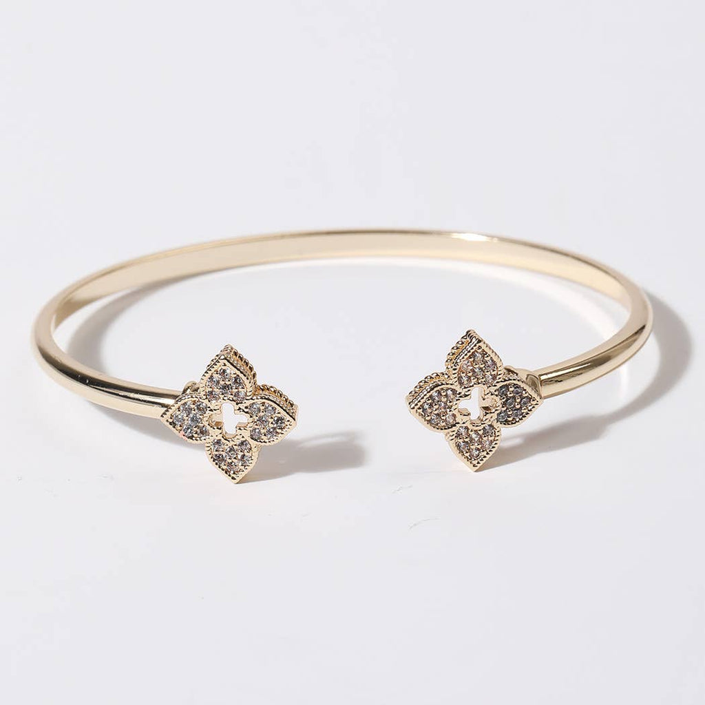 CZ Four Leaf Clover Gold Plated Cuff Bangle