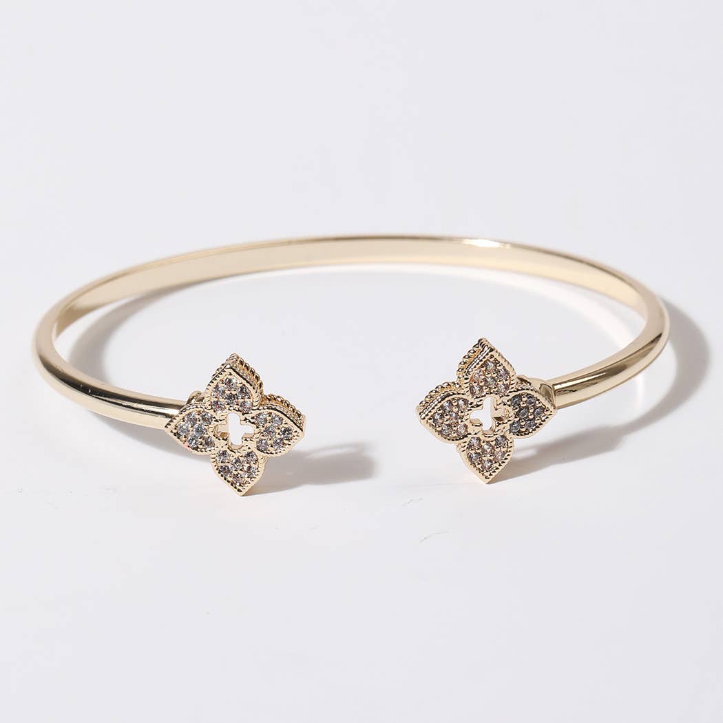 CZ Four Leaf Clover Gold Plated Cuff Bangle
